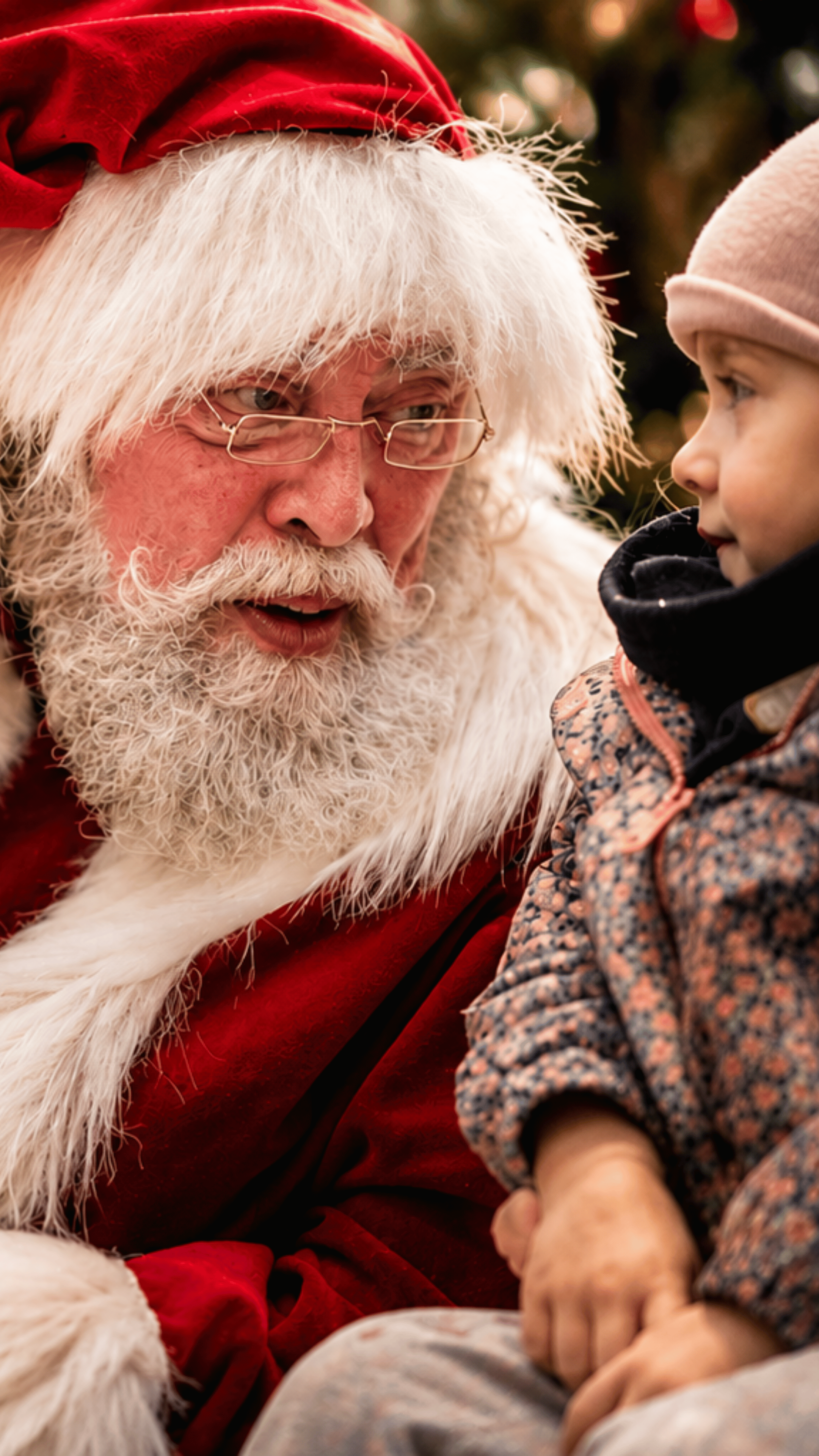 Le Père Noël et un jeune enfant échangent un regard émerveillé, éclairés par des lumières de Noël chaudes